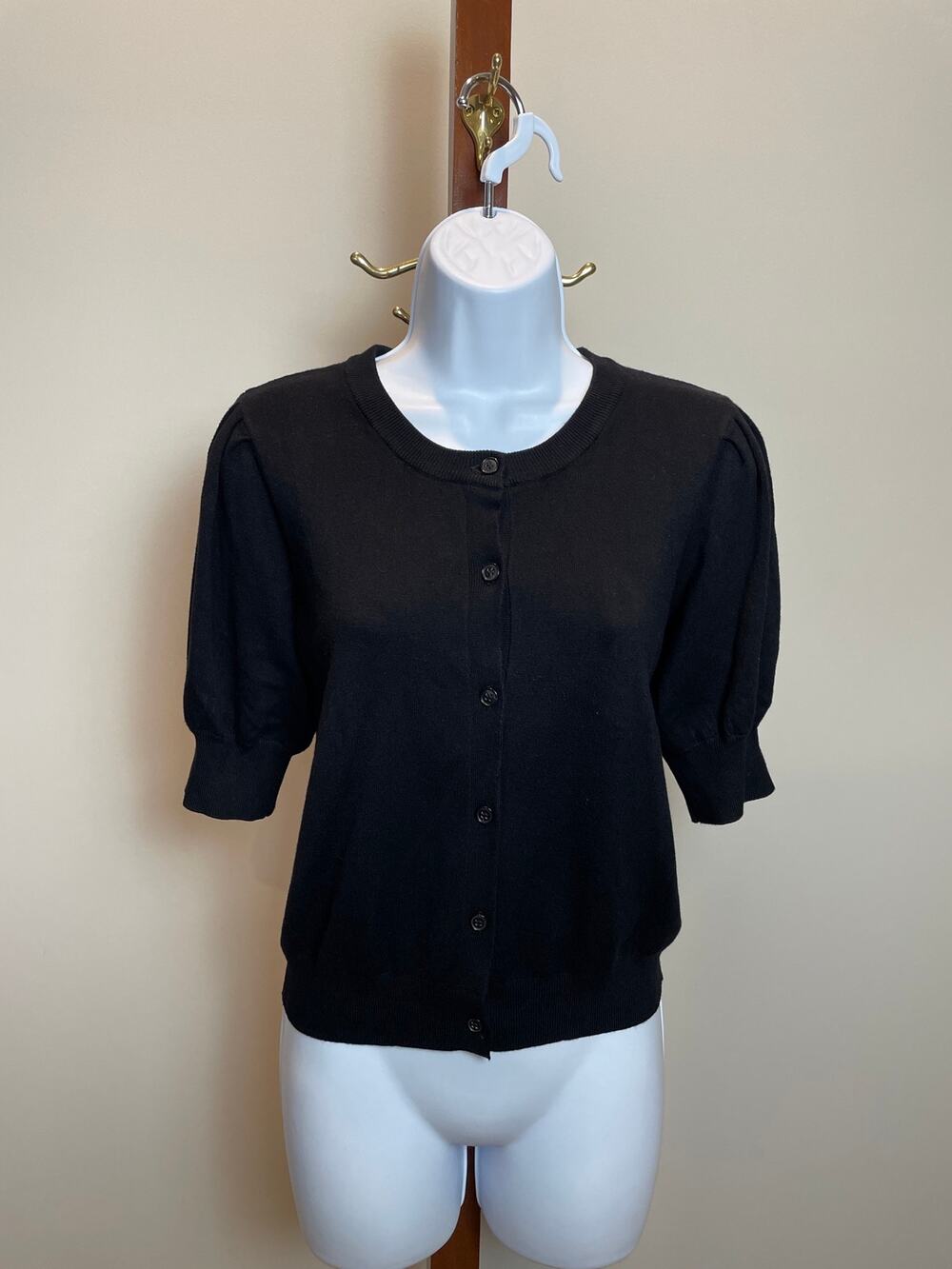 For The Republic Puff Sleeve Cardigan Size M Black Crew Neck Button Up